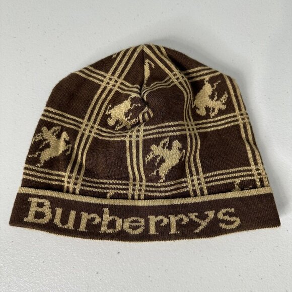 Burberrys Cashmere Beanie Hat Equestrian Knight London 1980s Brown Knit - Picture 1 of 8